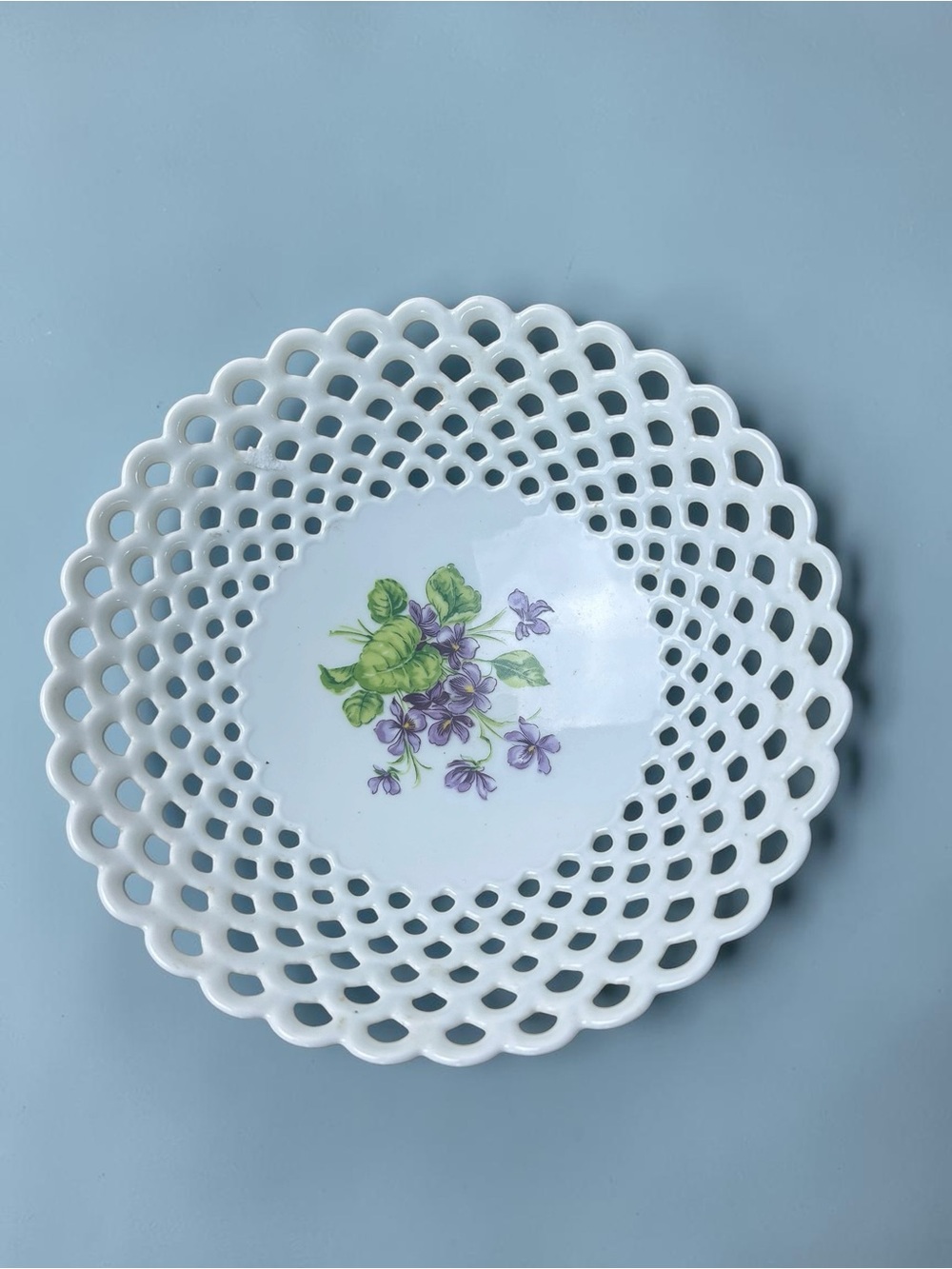 Vintage Wallendorf Reticulated Porcelain Violet Floral Bowl 7.5”